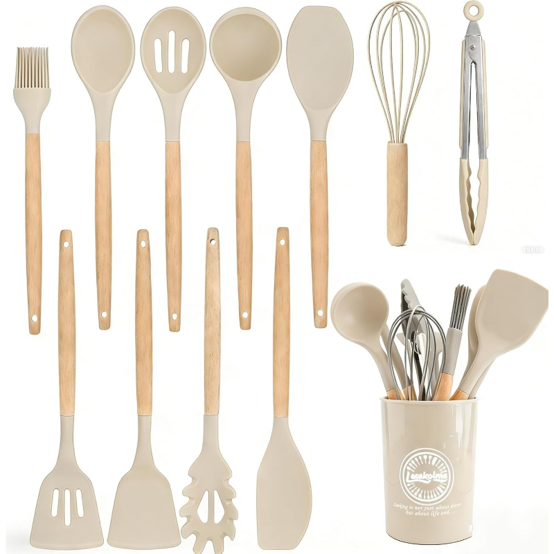 Home Cooking Utensil Set - 木製ハンドルシリコン製キッチンツールセット14点、ノンスティック調理器具、収納バケツ付き調理器具オーガナイザーセット
