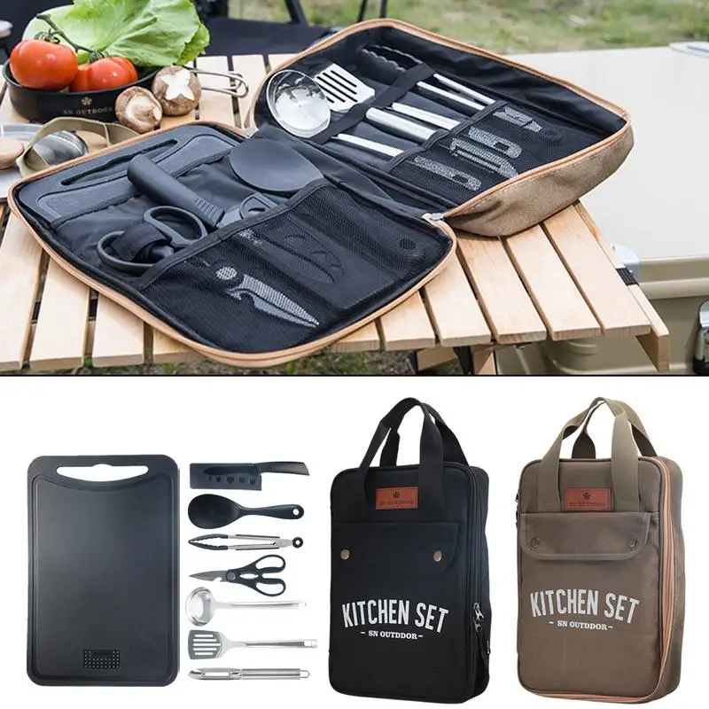 Home Cooking Utensil Set - 8点セット キャンプキッチン調理器具セット ポータブル屋外旅行用具 ステンレス製調理・グリルセット バーベキューピクニック用