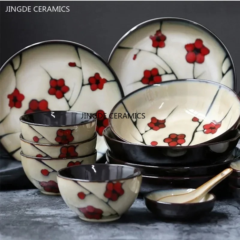 Home Cooking Dishes - 手描きのプラムのセラミック食器、ライスボウル、ホームディナープレート、日本の包丁アクセサリー、家庭用