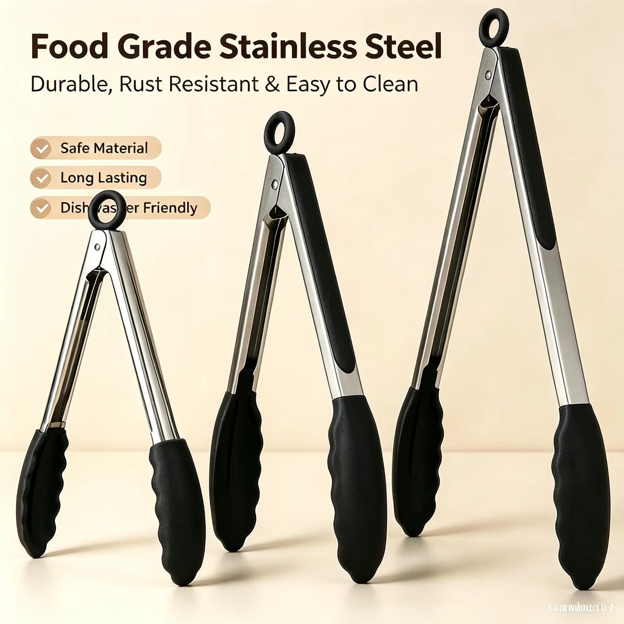 Home Cooking Utensil Set - 3サイズ展開、頑丈なステンレス製キッチン用トング、シリコンチップ付き、耐熱性、ロック式デザイン、確実なグリップ