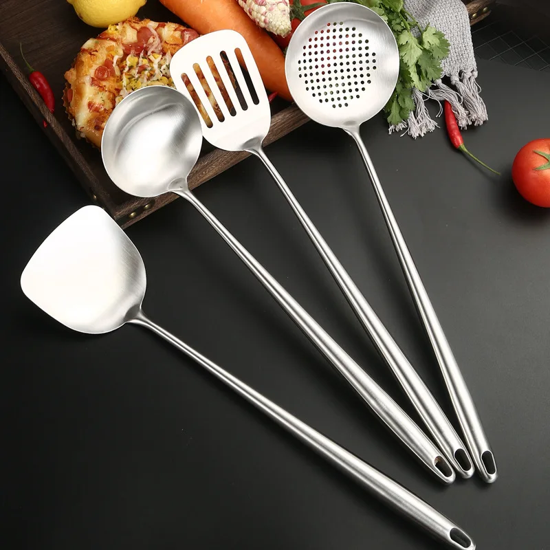 Home Cooking Utensil Set - 食品グレードのステンレス製中華鍋用スパチュラ、金属製キッチン用品、穴あきターナー、スプーン、レードル、調理器具セット