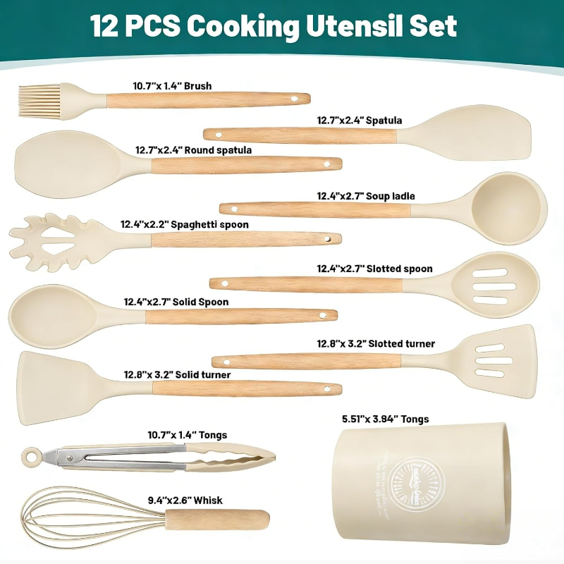 木製ハンドルシリコン製キッチンツールセット14点、ノンスティ - Home Cooking Utensil Set のレビューと価格